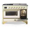 ILVE Majestic III 48-inch Dual Fuel Range with 5 Liquid Propane Burner, Griddle, French Top and Triple Glass Door Electric Oven in Antique White with Brass Trim (UM48FSNR3AWGLP)