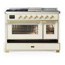 ILVE Majestic III 48-inch Dual Fuel Range with 5 Liquid Propane Burner, Griddle, French Top and Triple Glass Door Electric Oven in Antique White with Brass Trim (UM48FSNR3AWGLP)