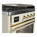 ILVE Majestic III 48-inch Dual Fuel Range with 5 Natural Gas Burner, Griddle, French Top and Triple Glass Door Electric Oven in Antique White with Brass Trim (UM48FSNR3AWG)