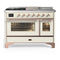 ILVE Majestic III 48-inch Dual Fuel Range with 5 Natural Gas Burner, Griddle, French Top and Triple Glass Door Electric Oven in Antique White with Copper Trim (UM48FSNR3AWP)