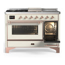 ILVE Majestic III 48-inch Dual Fuel Range with 5 Liquid Propane Burner, Griddle, French Top and Triple Glass Door Electric Oven in Antique White with Copper Trim (UM48FSNR3AWPLP)
