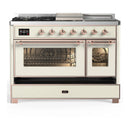 ILVE Majestic III 48-inch Dual Fuel Range with 5 Liquid Propane Burner, Griddle, French Top and Triple Glass Door Electric Oven in Antique White with Copper Trim (UM48FSNR3AWPLP)