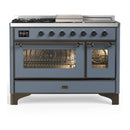 ILVE Majestic III 48-inch Dual Fuel Range with 5 Natural Gas Burner, Griddle, French Top and Triple Glass Door Electric Oven in Blue Grey with Burnished Trim (UM48FSNR3BGB)