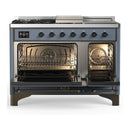 ILVE Majestic III 48-inch Dual Fuel Range with 5 Natural Gas Burner, Griddle, French Top and Triple Glass Door Electric Oven in Blue Grey with Burnished Trim (UM48FSNR3BGB)