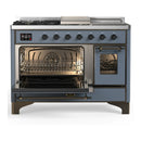 ILVE Majestic III 48-inch Dual Fuel Range with 5 Natural Gas Burner, Griddle, French Top and Triple Glass Door Electric Oven in Blue Grey with Burnished Trim (UM48FSNR3BGB)