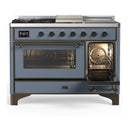 ILVE Majestic III 48-inch Dual Fuel Range with 5 Natural Gas Burner, Griddle, French Top and Triple Glass Door Electric Oven in Blue Grey with Burnished Trim (UM48FSNR3BGB)