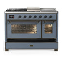 ILVE Majestic III 48-inch Dual Fuel Range with 5 Natural Gas Burner, Griddle, French Top and Triple Glass Door Electric Oven in Blue Grey with Burnished Trim (UM48FSNR3BGB)