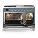 ILVE Majestic III 48-inch Dual Fuel Range with 5 Liquid Propane Burner, Griddle, French Top and Triple Glass Door Electric Oven in Blue Grey with Chrome Trim (UM48FSNR3BGCLP)