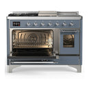 ILVE Majestic III 48-inch Dual Fuel Range with 5 Liquid Propane Burner, Griddle, French Top and Triple Glass Door Electric Oven in Blue Grey with Chrome Trim (UM48FSNR3BGCLP)
