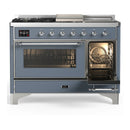 ILVE Majestic III 48-inch Dual Fuel Range with 5 Natural Gas Burner, Griddle, French Top and Triple Glass Door Electric Oven in Blue Grey with Chrome Trim (UM48FSNR3BGC)