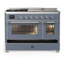 ILVE Majestic III 48-inch Dual Fuel Range with 5 Natural Gas Burner, Griddle, French Top and Triple Glass Door Electric Oven in Blue Grey with Chrome Trim (UM48FSNR3BGC)