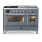 ILVE Majestic III 48-inch Dual Fuel Range with 5 Liquid Propane Burner, Griddle, French Top and Triple Glass Door Electric Oven in Blue Grey with Chrome Trim (UM48FSNR3BGCLP)