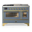 ILVE Majestic III 48-inch Dual Fuel Range with 5 Natural Gas Burner, Griddle, French Top and Triple Glass Door Electric Oven in Blue Grey with Brass Trim (UM48FSNR3BGG)