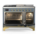 ILVE Majestic III 48-inch Dual Fuel Range with 5 Natural Gas Burner, Griddle, French Top and Triple Glass Door Electric Oven in Blue Grey with Brass Trim (UM48FSNR3BGG)