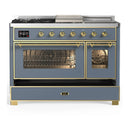 ILVE Majestic III 48-inch Dual Fuel Range with 5 Natural Gas Burner, Griddle, French Top and Triple Glass Door Electric Oven in Blue Grey with Brass Trim (UM48FSNR3BGG)