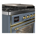 ILVE Majestic III 48-inch Dual Fuel Range with 5 Natural Gas Burner, Griddle, French Top and Triple Glass Door Electric Oven in Blue Grey with Brass Trim (UM48FSNR3BGG)