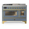 ILVE Majestic III 48-inch Dual Fuel Range with 5 Natural Gas Burner, Griddle, French Top and Triple Glass Door Electric Oven in Blue Grey with Brass Trim (UM48FSNR3BGG)