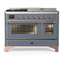 ILVE Majestic III 48-inch Dual Fuel Range with 5 Natural Gas Burner, Griddle, French Top and Triple Glass Door Electric Oven in Blue Grey with Copper Trim (UM48FSNR3BGP)