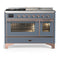 ILVE Majestic III 48-inch Dual Fuel Range with 5 Natural Gas Burner, Griddle, French Top and Triple Glass Door Electric Oven in Blue Grey with Copper Trim (UM48FSNR3BGP)