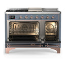 ILVE Majestic III 48-inch Dual Fuel Range with 5 Liquid Propane Burner, Griddle, French Top and Triple Glass Door Electric Oven in Blue Grey with Copper Trim (UM48FSNR3BGPLP)