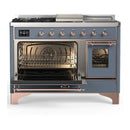 ILVE Majestic III 48-inch Dual Fuel Range with 5 Liquid Propane Burner, Griddle, French Top and Triple Glass Door Electric Oven in Blue Grey with Copper Trim (UM48FSNR3BGPLP)