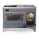 ILVE Majestic III 48-inch Dual Fuel Range with 5 Liquid Propane Burner, Griddle, French Top and Triple Glass Door Electric Oven in Blue Grey with Copper Trim (UM48FSNR3BGPLP)