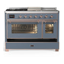 ILVE Majestic III 48-inch Dual Fuel Range with 5 Natural Gas Burner, Griddle, French Top and Triple Glass Door Electric Oven in Blue Grey with Copper Trim (UM48FSNR3BGP)