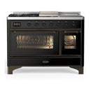 ILVE Majestic III 48-inch Dual Fuel Range with 5 Natural Gas Burner, Griddle, French Top and Triple Glass Door Electric Oven in Glossy Black with Burnished Trim (UM48FSNR3BKB)
