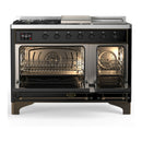 ILVE Majestic III 48-inch Dual Fuel Range with 5 Liquid Propane Burner, Griddle, French Top and Triple Glass Door Electric Oven in Glossy Black with Burnished Trim (UM48FSNR3BKBLP)