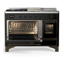 ILVE Majestic III 48-inch Dual Fuel Range with 5 Natural Gas Burner, Griddle, French Top and Triple Glass Door Electric Oven in Glossy Black with Burnished Trim (UM48FSNR3BKB)