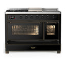 ILVE Majestic III 48-inch Dual Fuel Range with 5 Natural Gas Burner, Griddle, French Top and Triple Glass Door Electric Oven in Glossy Black with Burnished Trim (UM48FSNR3BKB)