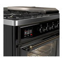 ILVE Majestic III 48-inch Dual Fuel Range with 5 Liquid Propane Burner, Griddle, French Top and Triple Glass Door Electric Oven in Glossy Black with Burnished Trim (UM48FSNR3BKBLP)