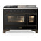 ILVE Majestic III 48-inch Dual Fuel Range with 5 Natural Gas Burner, Griddle, French Top and Triple Glass Door Electric Oven in Glossy Black with Burnished Trim (UM48FSNR3BKB)