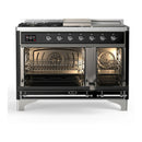 ILVE Majestic III 48-inch Dual Fuel Range with 5 Natural Gas Burner, Griddle, French Top and Triple Glass Door Electric Oven in Glossy Black with Chrome Trim (UM48FSNR3BKC)