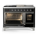 ILVE Majestic III 48-inch Dual Fuel Range with 5 Natural Gas Burner, Griddle, French Top and Triple Glass Door Electric Oven in Glossy Black with Chrome Trim (UM48FSNR3BKC)
