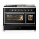 ILVE Majestic III 48-inch Dual Fuel Range with 5 Natural Gas Burner, Griddle, French Top and Triple Glass Door Electric Oven in Glossy Black with Chrome Trim (UM48FSNR3BKC)