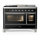 ILVE Majestic III 48-inch Dual Fuel Range with 5 Liquid Propane Burner, Griddle, French Top and Triple Glass Door Electric Oven in Glossy Black with Chrome Trim (UM48FSNR3BKCLP)