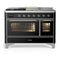 ILVE Majestic III 48-inch Dual Fuel Range with 5 Liquid Propane Burner, Griddle, French Top and Triple Glass Door Electric Oven in Glossy Black with Chrome Trim (UM48FSNR3BKCLP)
