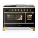 ILVE Majestic III 48-inch Dual Fuel Range with 5 Natural Gas Burner, Griddle, French Top and Triple Glass Door Electric Oven in Glossy Black with Brass Trim (UM48FSNR3BKG)