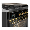 ILVE Majestic III 48-inch Dual Fuel Range with 5 Natural Gas Burner, Griddle, French Top and Triple Glass Door Electric Oven in Glossy Black with Brass Trim (UM48FSNR3BKG)