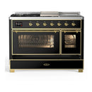ILVE Majestic III 48-inch Dual Fuel Range with 5 Natural Gas Burner, Griddle, French Top and Triple Glass Door Electric Oven in Glossy Black with Brass Trim (UM48FSNR3BKG)