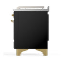 ILVE Majestic III 48-inch Dual Fuel Range with 5 Natural Gas Burner, Griddle, French Top and Triple Glass Door Electric Oven in Glossy Black with Brass Trim (UM48FSNR3BKG)