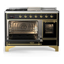 ILVE Majestic III 48-inch Dual Fuel Range with 5 Natural Gas Burner, Griddle, French Top and Triple Glass Door Electric Oven in Glossy Black with Brass Trim (UM48FSNR3BKG)