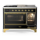 ILVE Majestic III 48-inch Dual Fuel Range with 5 Natural Gas Burner, Griddle, French Top and Triple Glass Door Electric Oven in Glossy Black with Brass Trim (UM48FSNR3BKG)