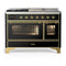 ILVE Majestic III 48-inch Dual Fuel Range with 5 Natural Gas Burner, Griddle, French Top and Triple Glass Door Electric Oven in Glossy Black with Brass Trim (UM48FSNR3BKG)
