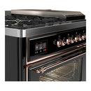 ILVE Majestic III 48-inch Dual Fuel Range with 5 Natural Gas Burner, Griddle, French Top and Triple Glass Door Electric Oven in Glossy Black with Copper Trim (UM48FSNR3BKP)