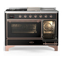 ILVE Majestic III 48-inch Dual Fuel Range with 5 Natural Gas Burner, Griddle, French Top and Triple Glass Door Electric Oven in Glossy Black with Copper Trim (UM48FSNR3BKP)