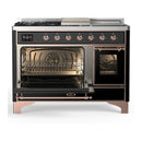 ILVE Majestic III 48-inch Dual Fuel Range with 5 Natural Gas Burner, Griddle, French Top and Triple Glass Door Electric Oven in Glossy Black with Copper Trim (UM48FSNR3BKP)