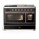ILVE Majestic III 48-inch Dual Fuel Range with 5 Natural Gas Burner, Griddle, French Top and Triple Glass Door Electric Oven in Glossy Black with Copper Trim (UM48FSNR3BKP)