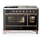 ILVE Majestic III 48-inch Dual Fuel Range with 5 Natural Gas Burner, Griddle, French Top and Triple Glass Door Electric Oven in Glossy Black with Copper Trim (UM48FSNR3BKP)